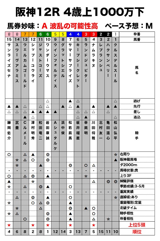 阪神12R 4歳上1000万下のレース適性評価